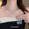 Silver Multicolor Heart Crystal Necklace Tassel Earrings view 2