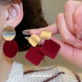 Gold Tone Red Velvet Geometric Drop Stud Earrings Fashion Earrings view 2
