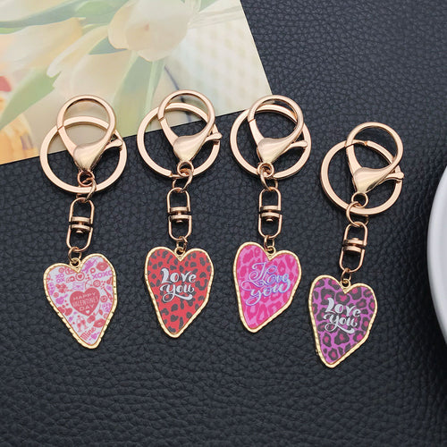 Alternate arrangement of the color printed heart metal clasp keychain showing its hardware and charm details