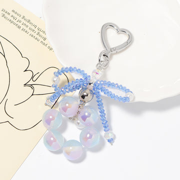 Blue Crystal Bow Bead Keychain Heart Clasp Iridescent Balls