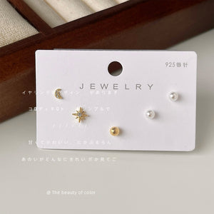 Gold Tone Moon Star Pearl And Ball Mini Stud Earrings Five Piece Set