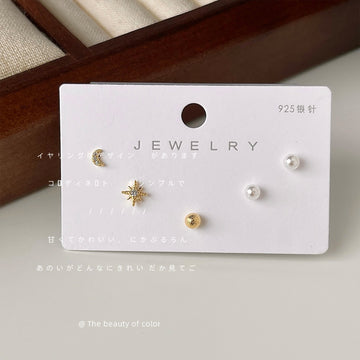 Gold Tone Moon Star Pearl And Ball Mini Stud Earrings Five Piece Set