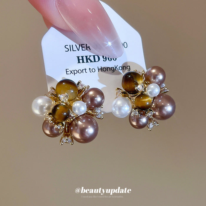 Gold Tone Brown And Pearl Beaded Cluster Stud Earrings