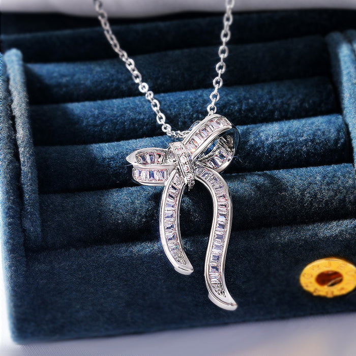 Clear Baguette Crystal Bow Knot Pendant in Silver Tone