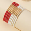 Seed Bead Stretch Bracelet Set Gold Tube Bar Red White view 2
