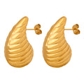 Ribbed Teardrop Stud Earrings Gold Steel Large Small Sizes view 5