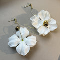 White Fabric Flower Gold Tone Dangle Stud Earrings view 4