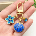 Three Color Blue Pink Shell Flower Metal Clasp Keychain Set view 3