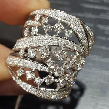 Extra-Wide Openwork Clear Stone Cluster Ring In Silver Tone
