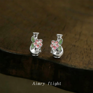 Silver Flower Vase Stud Earrings Pink Enamel Leaf Pair