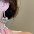 Silver Tone Beaded Fan Drop Earrings with Red and Black Accents view 3