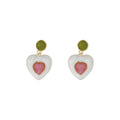 White Heart Drop Earrings Olive Green Stud Pink Center view 5