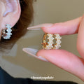 Pearl Cluster Textured Round Huggie Hoop Earrings Statement Pair view 2