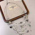 Layered Crystal and Pearl Silver Tone Necklace with Polished Metal Tone Details view 2