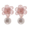 Pink Beaded Flower Stud Earrings with Round Pearl Drops view 5
