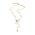 Gold Tone Pearl Leaf Y Drop Necklace With Decorative Details view 5