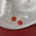 Red Rhinestone Apple Fruit Stud Earrings Gold Tone Leaf view 3