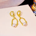 Gold Organic Open Oval Drop Earrings Pearl Accent Studs view 4