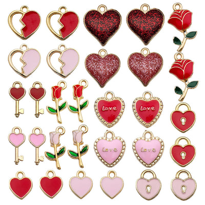 Colorful heart charms arranged on a light background