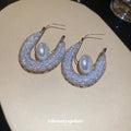 White Mesh Hoop Stud Earrings with Large Pearl Centers view 3