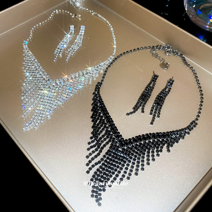 V Fringe Crystal Necklace And Earring Set In Clear Or Black
