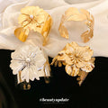 Two Mixed Gold Tone Wide Open Cuffs With Sculpted Flowers Or Leaves view 4