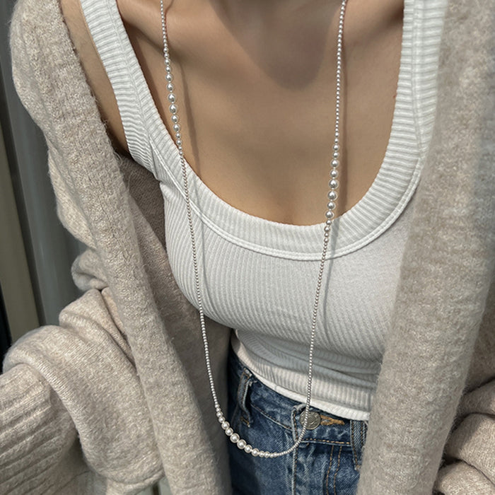Long Graduated White Pearl Strand Necklace Gold Clasp