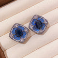 Blue Square Halo Crystal Statement Stud Earrings Statement Jewelry Pair view 6