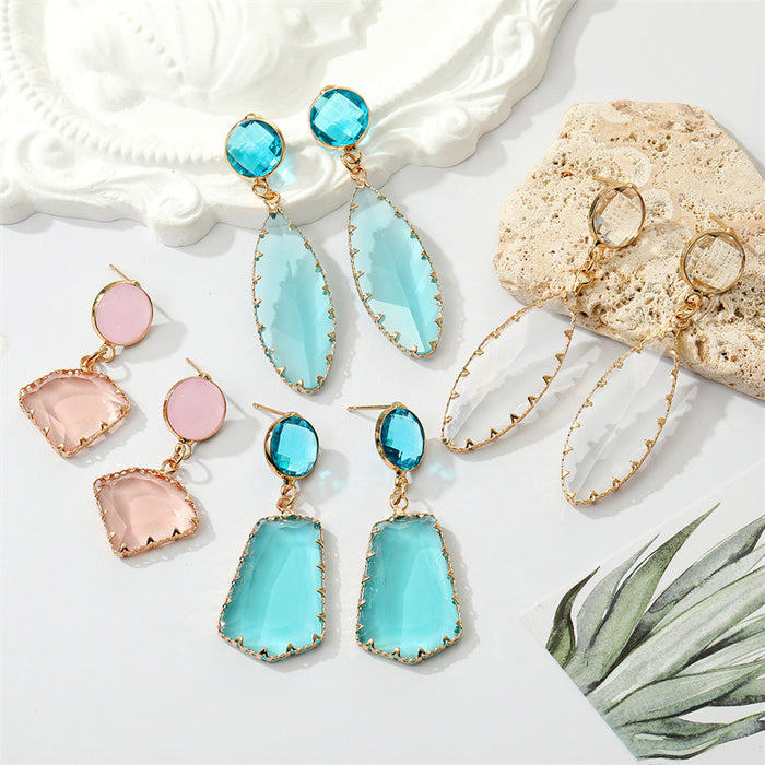 Gold Geometric Crystal Glass Drop Earrings Leaf Triangle