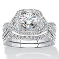 Silver Tone Halo Clear Stone Cross Band Bridal Ring Set view 1