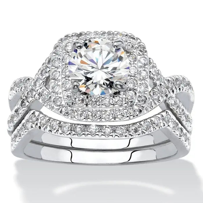 Silver Tone Halo Clear Stone Cross Band Bridal Ring Set