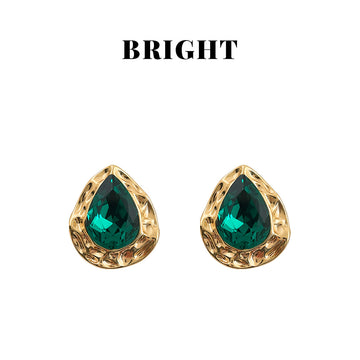 Gold Hammered Teardrop Emerald Green Crystal Stud Earrings