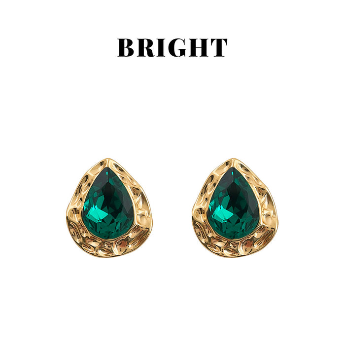 Gold Hammered Teardrop Emerald Green Crystal Stud Earrings