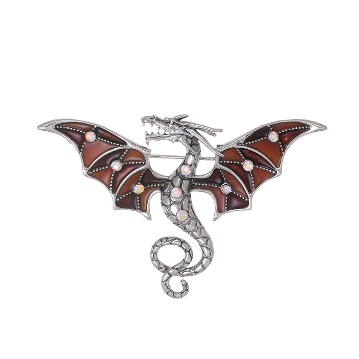 Red Silver Tone Winged Dragon Crystal Enamel Metal Brooch Pin