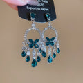 Silver Tone Green Crystal Butterfly Chandelier Earrings view 6