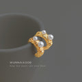 Gold Textured Crescent Hoop Pearl Stud Earrings Pair view 4