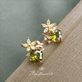 Gold Tone Olive Green Square Stone Flower Butterfly Stud Earrings view 1