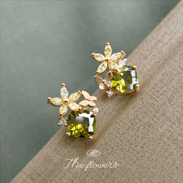 Gold Tone Olive Green Square Stone Flower Butterfly Stud Earrings