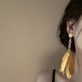 Gold Tone Layered Feather Long Drop Statement Stud Earrings view 4