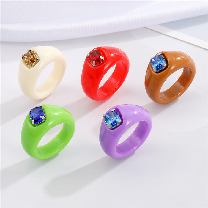 Chunky Resin Statement Rings with Square Crystal Settings in Five Colors