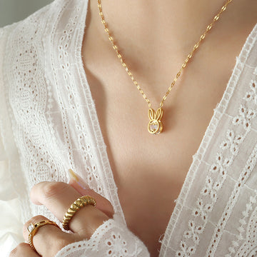 Gold Bunny Rabbit Ears Clear Zircon Pendant Necklace