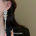 Floral Crystal Tassel Earrings with Silver Tone Chain Strands view 3