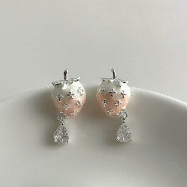 White Strawberry Stud Earrings with Pink Tops and Clear Crystal Drops
