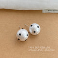 White Cotton Pearl Ball Stud Earrings Black Polka Dots view 7