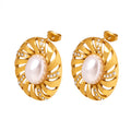 Gold Oval Swirl Stud Earrings Pearl Center Crystal Accents view 5