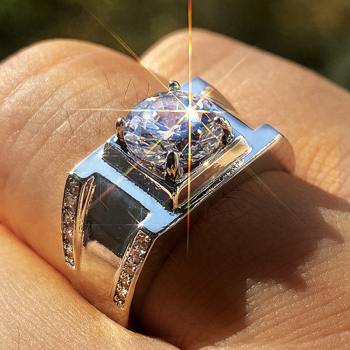 Silver Tone Mens Square Clear Stone Wide Band Ring