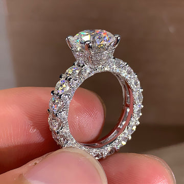 Round Clear Solitaire Full-Pave Band Ring In Polished Silver Tone