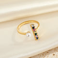 Gold Tone Pearl and Multicolor Crystal Bar Adjustable Open Ring view 1