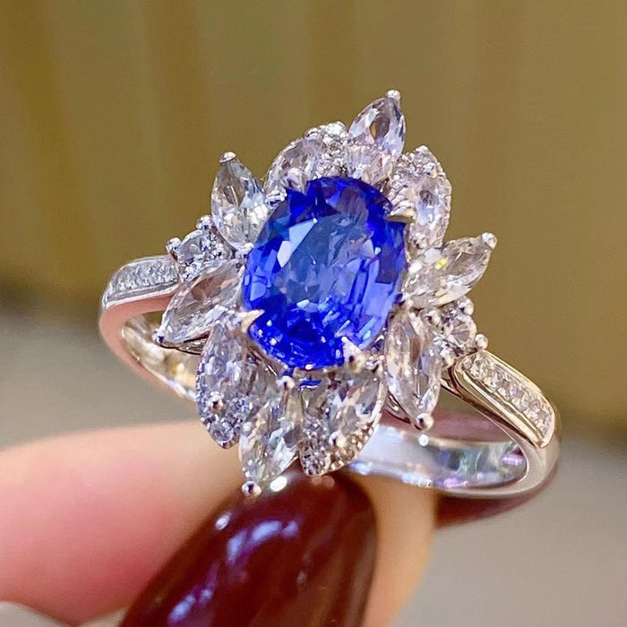 Blue Oval Solitaire Marquise Floral Cluster Ring Silver Tone
