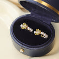 Green Crystal Flower Stud Earrings with Pearl Cluster Drops view 2